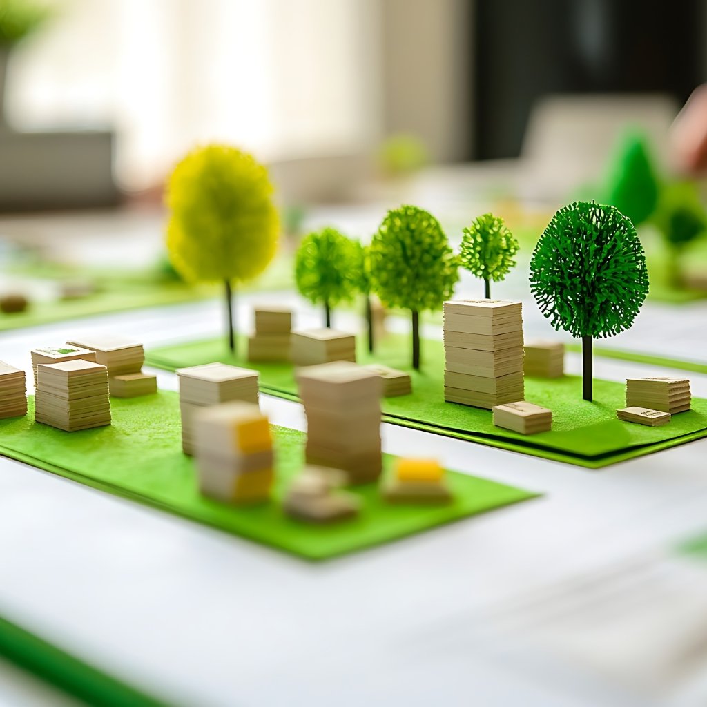 A miniature diorama showing small wooden blocks representing houses and trees on a green base, with several stacks of wood and yellow-highlighted pieces. The scene resembles a tiny, stylized village layout.