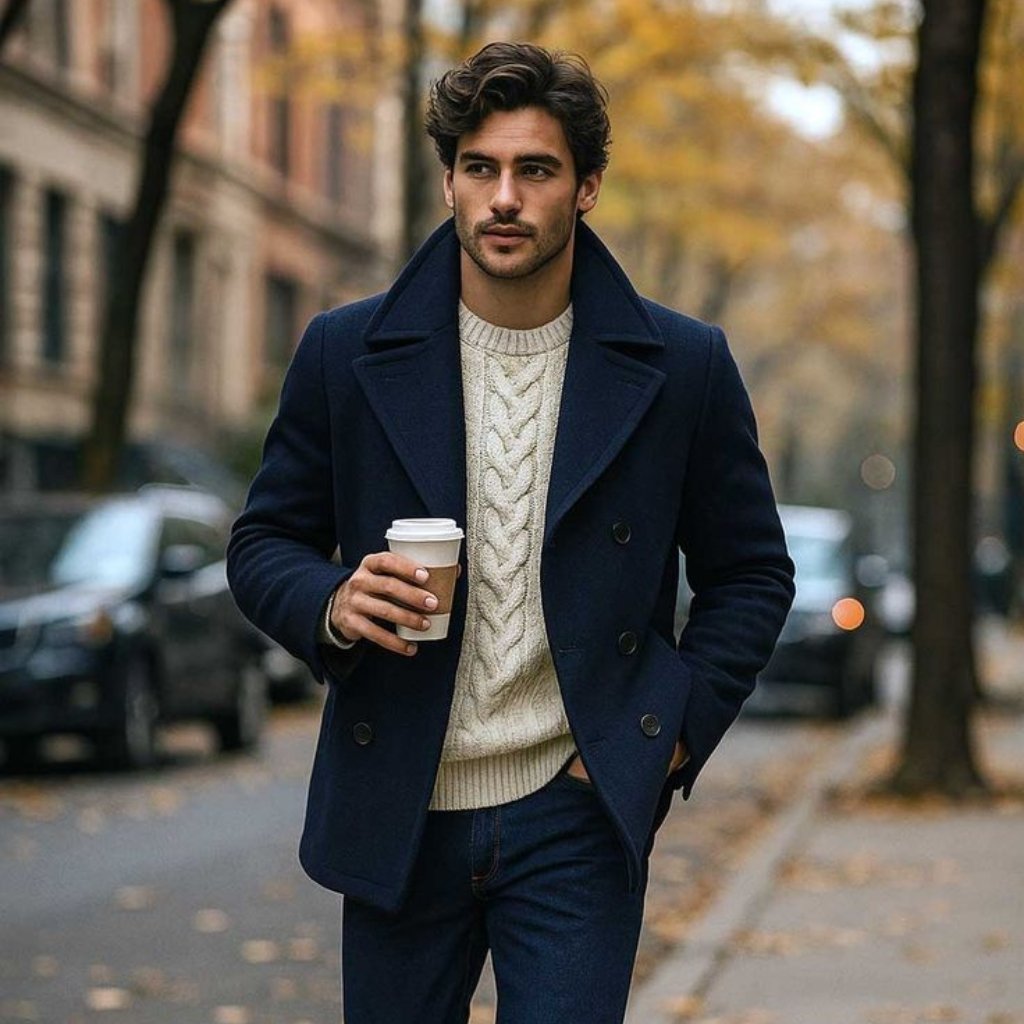 A stylish man walks down a city street in autumn, wearing a navy peacoat over a chunky cream-knit sweater and dark jeans. He holds a takeaway coffee, with fall leaves and blurred cars in the background.
