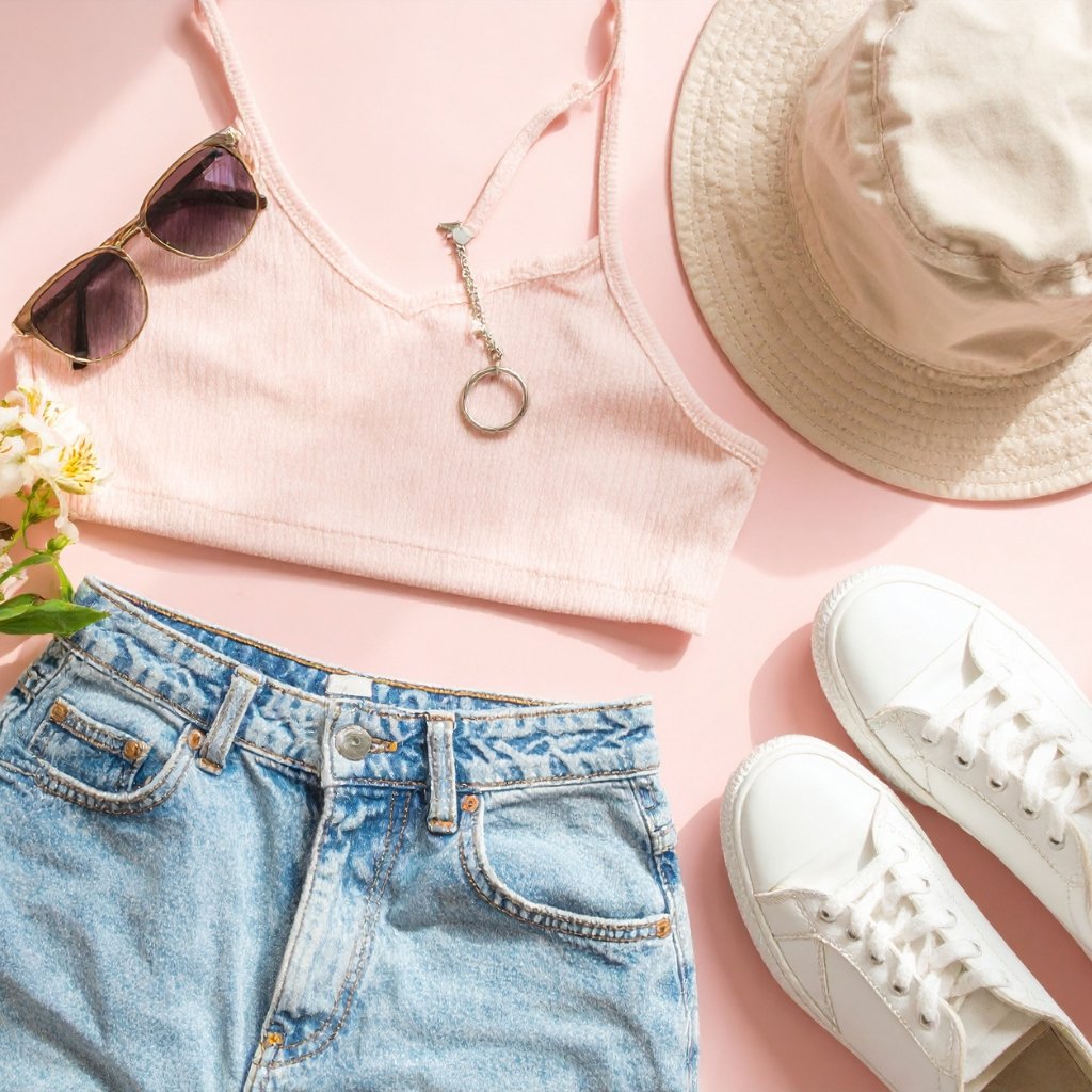 A flat lay of summery casual outfit pieces on a soft pink background. A light pink cropped tank top, blue denim shorts, white sneakers, a beige bucket hat, and a pair of brown sunglasses. A delicate necklace with a circular pendant rests on the top, and a small white flower stem is in the corner.