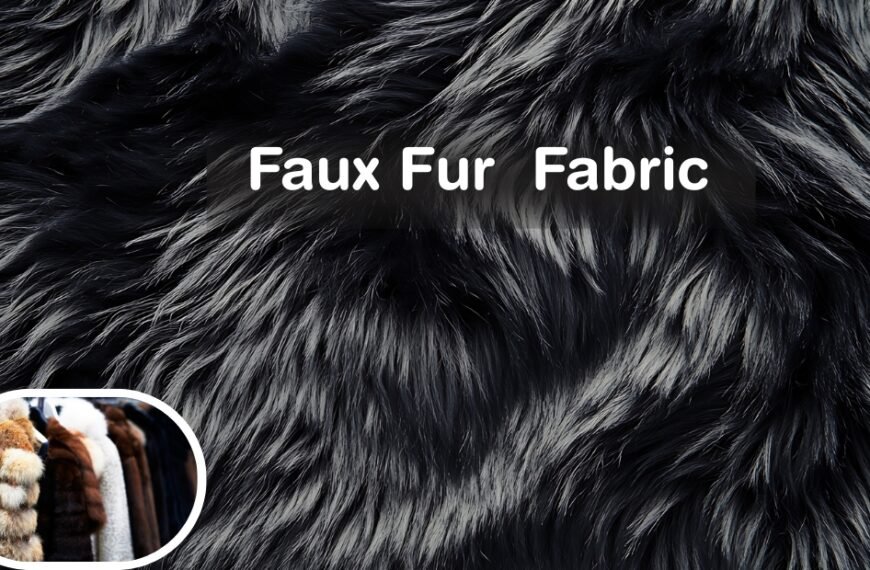Close-up of black and gray faux fur fabric with a small inset photo of fur coats in a rounded frame in the lower-left corner; text ‘Faux Fur Fabric’ centered on the fur background.