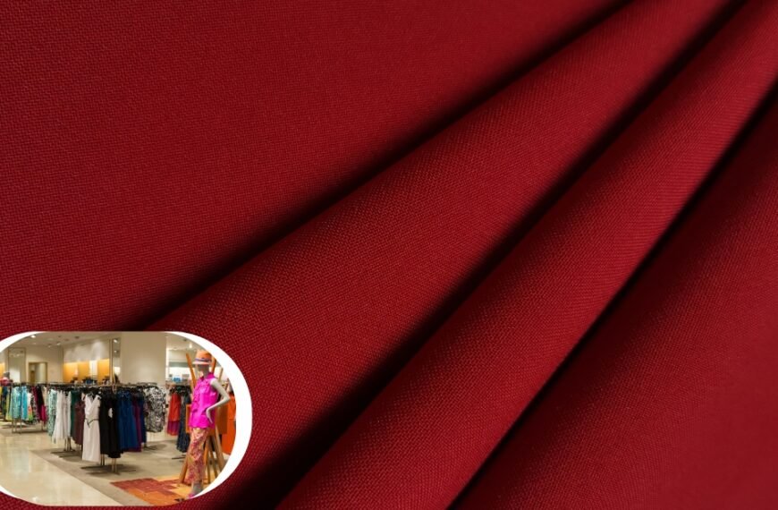 Close-up of deep red gabardine wool fabric with smooth, diagonal twill weave and folds.