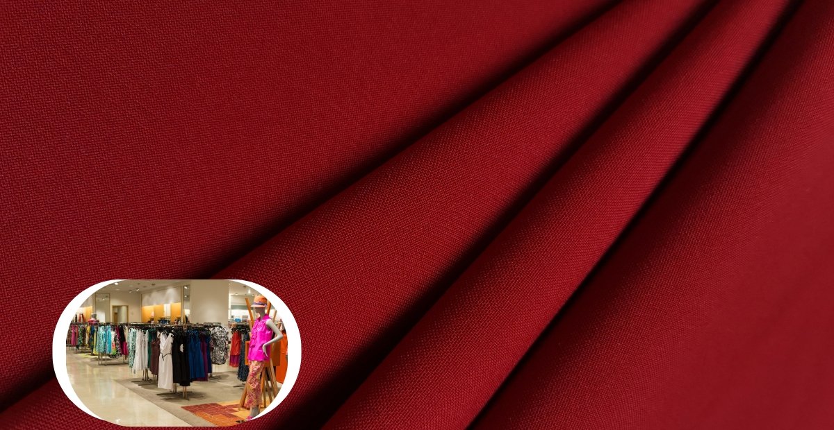 Close-up of deep red gabardine wool fabric with smooth, diagonal twill weave and folds.