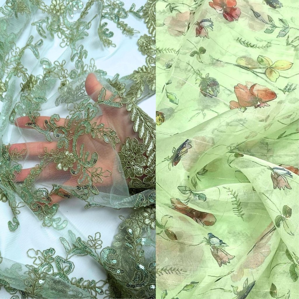Green Organza Fabric: Elegant Choices for Fashion and Decor 14 A close-up collage of two fabrics: intricate green lace with floral embroidery on the left, and soft green chiffon with a delicate leaf and bird pattern on the right.