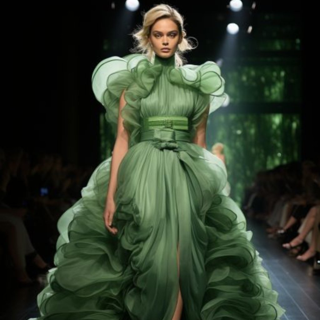 Green Organza Fabric: Elegant Choices for Fashion and Decor 13 Model walking a runway in a dramatic, emerald-green gown with voluminous, layered ruffles and structured bodice.