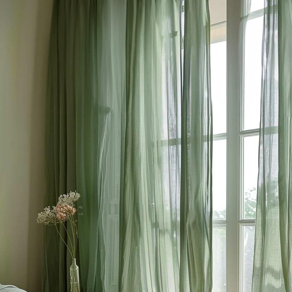 Green Organza Fabric: Elegant Choices for Fashion and Decor 15 A bright room with tall, translucent green sheer curtains hanging in front of a window, allowing light to filter through. A small vase with delicate dried flowers sits on a surface in the foreground.