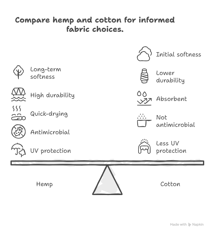 Comparison infographic highlighting key differences between hemp and cotton fabrics