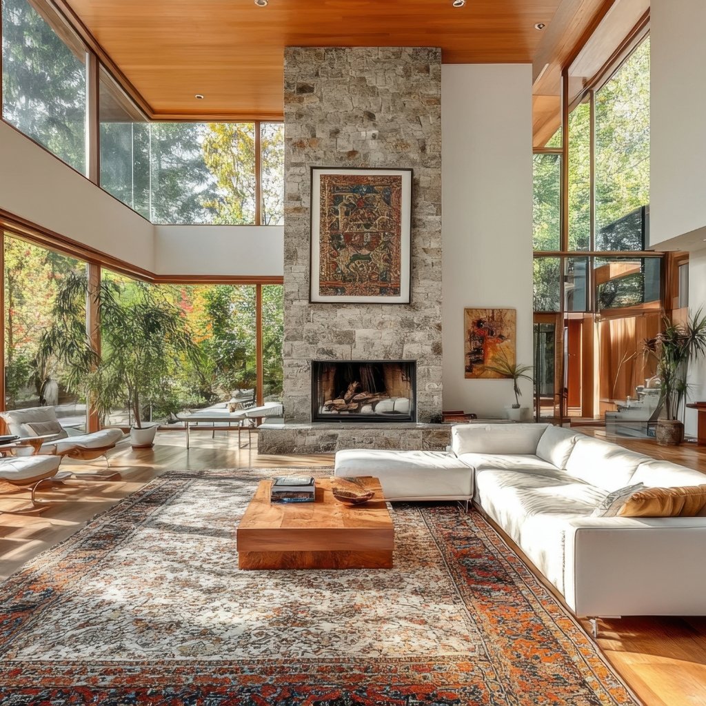 A bright, modern living room with a tall stone fireplace, white sectional sofa, large windows revealing greenery, wooden ceiling, and a large patterned area rug. A wooden coffee table sits in front of the sofa, with a framed artwork above the fireplace.