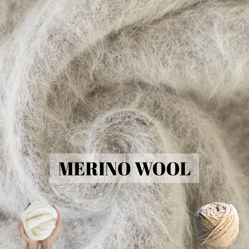 A close-up of soft, fluffy merino wool in natural cream tones, with a small ball of white wool and a speckled beige skein in the bottom right; the words “MERINO WOOL” are overlaid in bold letters.