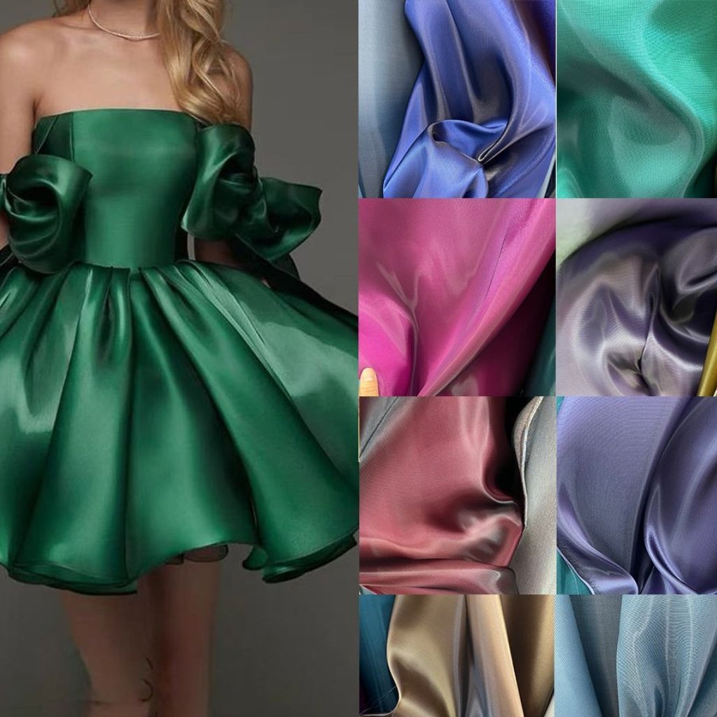 A fashion collage featuring a vibrant emerald green satin organza dress on the left, with a grid of close-up fabric swatches in various colors (blue, teal, pink, purple, peach, gold, and lavender) on the right.