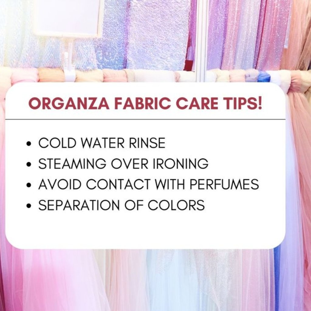 “Image showing care tips for satin organza fabric: list of tips with bullet points.