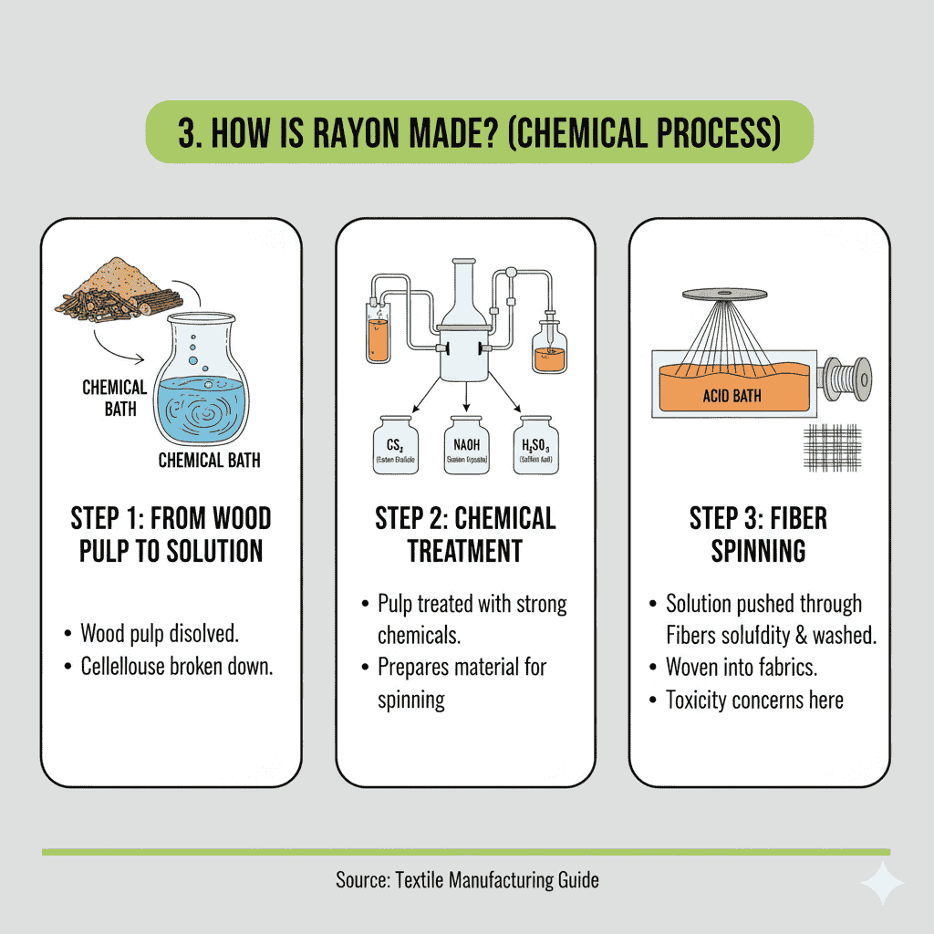 Infographic showing the three steps in rayon production: from wood pulp to solution, chemical treatment, and fiber spinning.