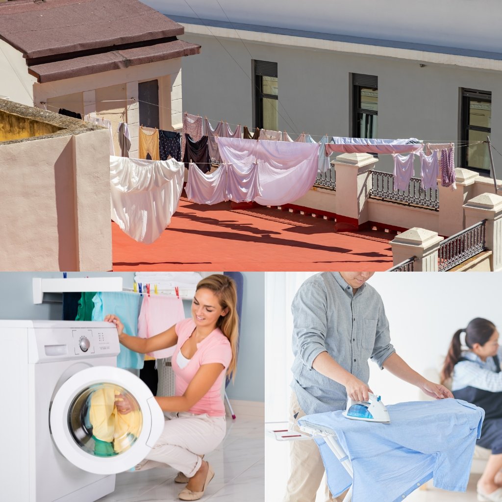 A sunny rooftop scene with clothes hanging on a clothesline, fluttering white and pastel fabrics overhead; a bright, airy laundry area with a front-loading washer and an ironing board visible nearby.