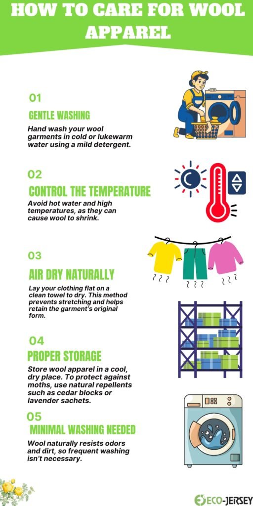 Infographic titled ‘How to Care for Wool Apparel’ with five steps: 01 Gentle Washing (illustration of someone washing clothes), 02 Control the Temperature (thermometer and dial), 03 Air Dry Naturally (clothes hanging on a line), 04 Proper Storage (shelving with wool items), 05 Minimal Washing Needed (washing machine). Green headings and cartoon-style illustrations accompany each step.