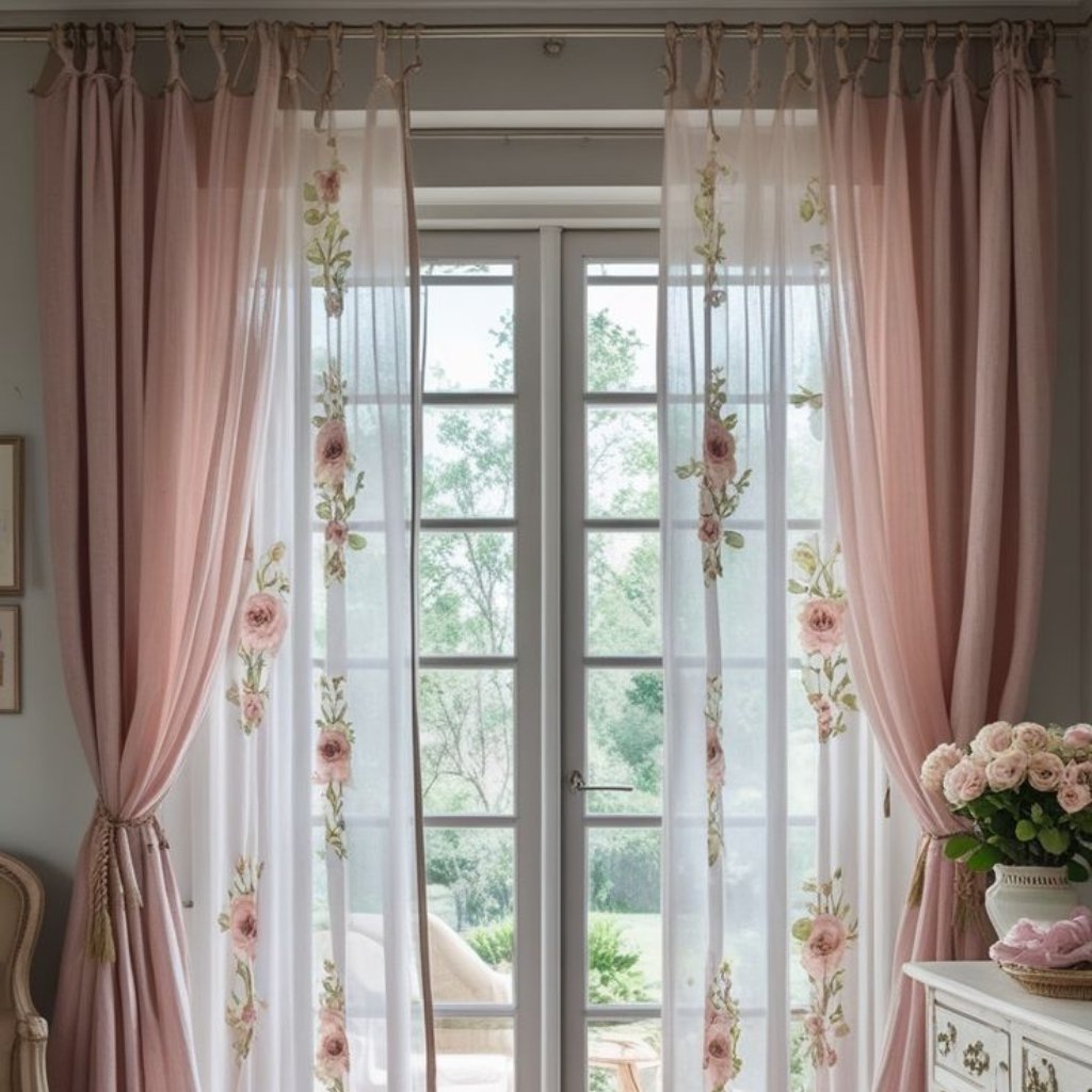 A bright interior scene featuring light pink, sheer curtains with delicate floral embroidery. The curtains are drawn to the sides and tied back, revealing a glass door/window that opens to a sunny garden with greenery. On the right, a white dresser holds a vase of pink roses; on the left, part of a chair is visible.