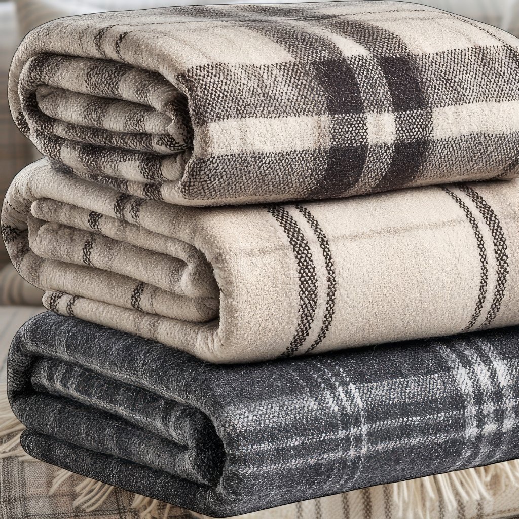 A stack of three thick wool military blankets in neutral tones: top is light beige with dark brown plaid accents, middle is cream with subtle brown stripes, and bottom is dark charcoal with lighter stripes. The blankets appear soft, woven, and folded neatly.