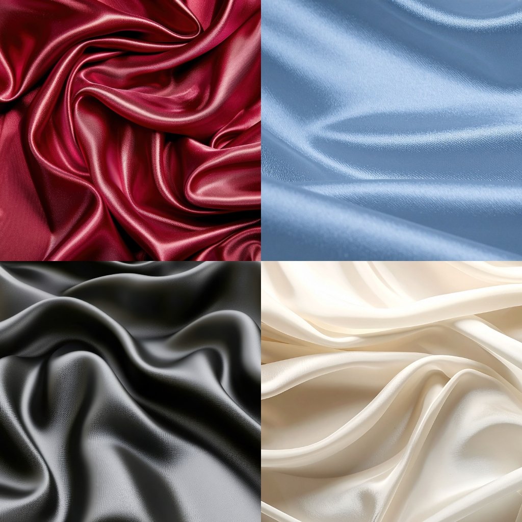 A four-panel collage of luxurious fabric textures: top-left deep red satin with glossy folds, top-right light blue satin with smooth drape, bottom-left black satin with rich sheen and soft creases, bottom-right pale cream satin with flowing folds.