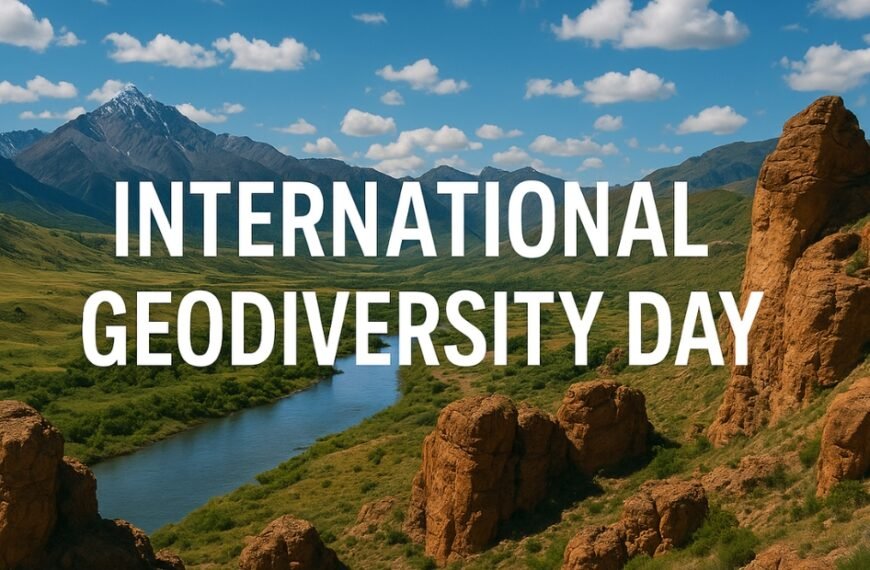 "Landscape with a river winding through green valleys and rocky formations in the foreground. Bold white text reads 'INTERNATIONAL GEODIVERSITY DAY' across the scene.