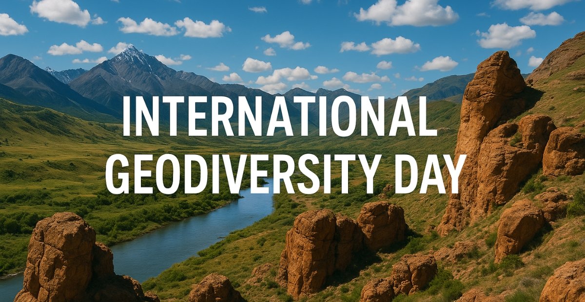 "Landscape with a river winding through green valleys and rocky formations in the foreground. Bold white text reads 'INTERNATIONAL GEODIVERSITY DAY' across the scene.