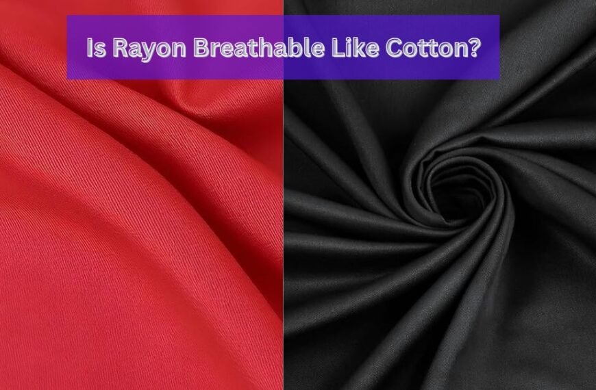 Close-up view of red cotton fabric and black rayon fabric side by side with text overlay asking, "Is Rayon Breathable Like Cotton?"