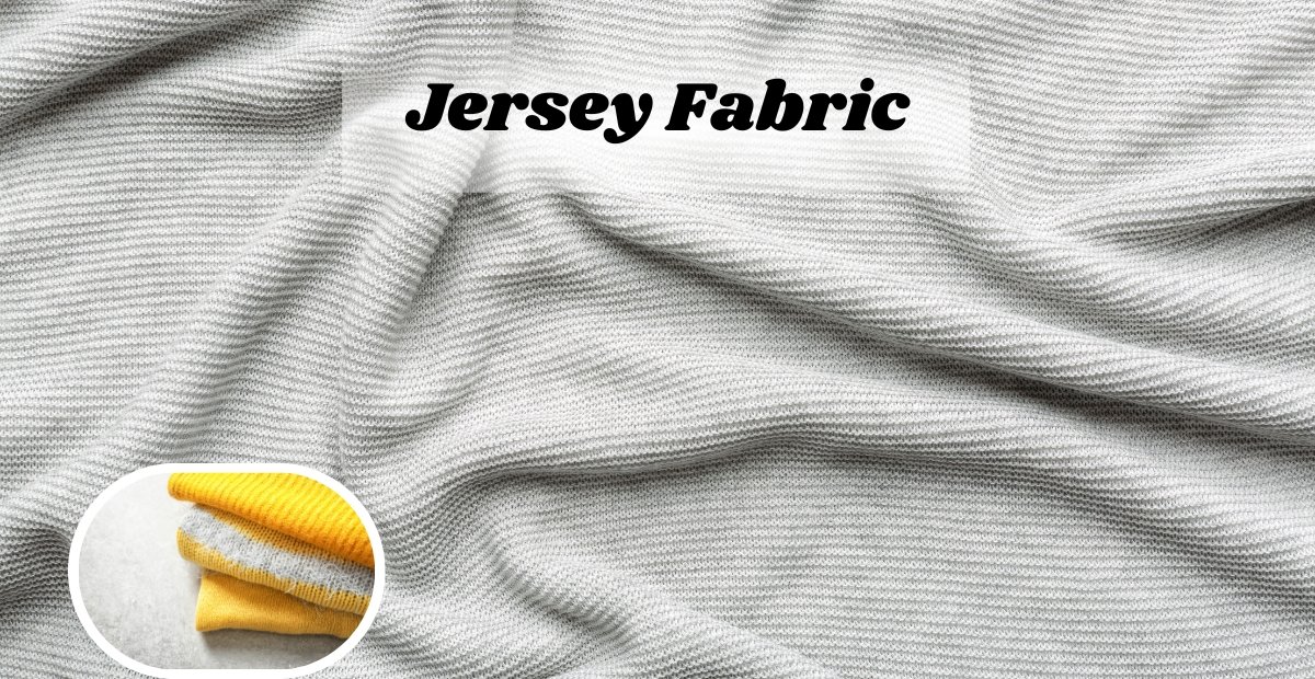 Close-up view of soft gray jersey knit wool fabric with subtle texture and folds; small inset shows yellow and white folded fabric.