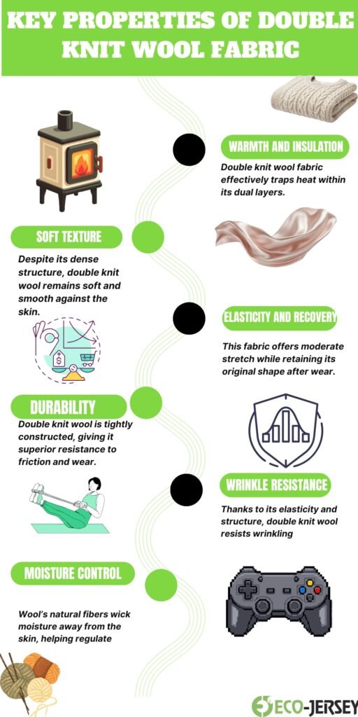 An infographic titled “Key Properties of Double Knit Wool Fabric” with a vertical timeline of six properties: Soft Texture, Warmth and Insulation, Durability, Elasticity and Recovery, Moisture Control, and Wrinkle Resistance. Each property has a short description and a small corresponding illustration (stove for warmth, scarf, shield icon, game controller, leaf/wool icons). The layout features green highlight labels and dotted, wavy connectors along a central line.