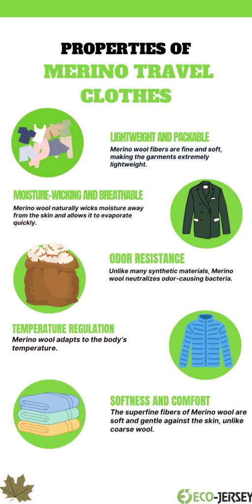 Infographic titled ‘Properties of Merino Travel Clothes’ with green circular icons illustrating clothes and textures. Sections: Lightweight and Packable with a suit icon, Moisture-Wicking and Breathable with a brown bag of wool icon, Odor Resistance with a jacket, Temperature Regulation with a puffer, Softness and Comfort with rolled towels, and a small Eco-Jersey logo at the bottom.