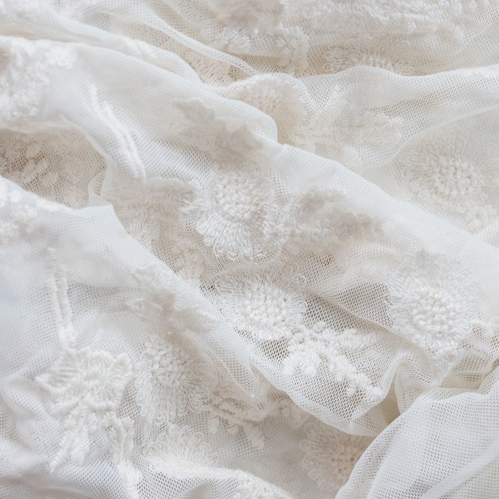  A close-up photo of delicate white lace fabric with floral embroidery and soft mesh, layered and folded.