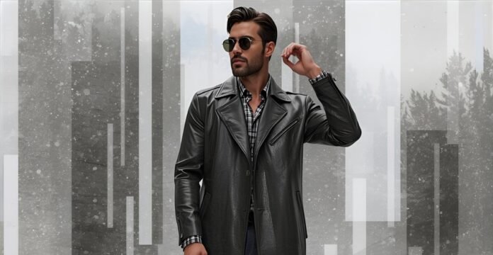A stylish man wearing a black leather duster coat, sunglasses, and a checkered shirt stands against a snowy, abstract geometric background.