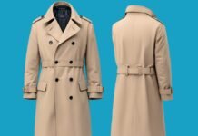 Leather Trench Coat: Timeless Trend Making a Bold Comeback Beige leather trench coat on a blue background, shown from the front and back with double-breasted buttons and belt details.