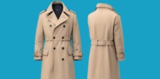 Leather Trench Coat: Timeless Trend Making a Bold Comeback Beige leather trench coat on a blue background, shown from the front and back with double-breasted buttons and belt details.