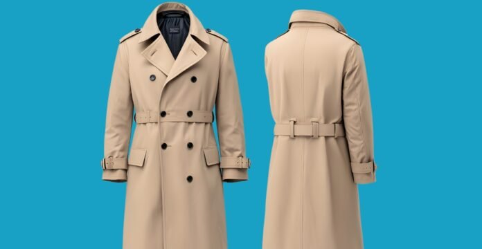 Beige leather trench coat on a blue background, shown from the front and back with double-breasted buttons and belt details.