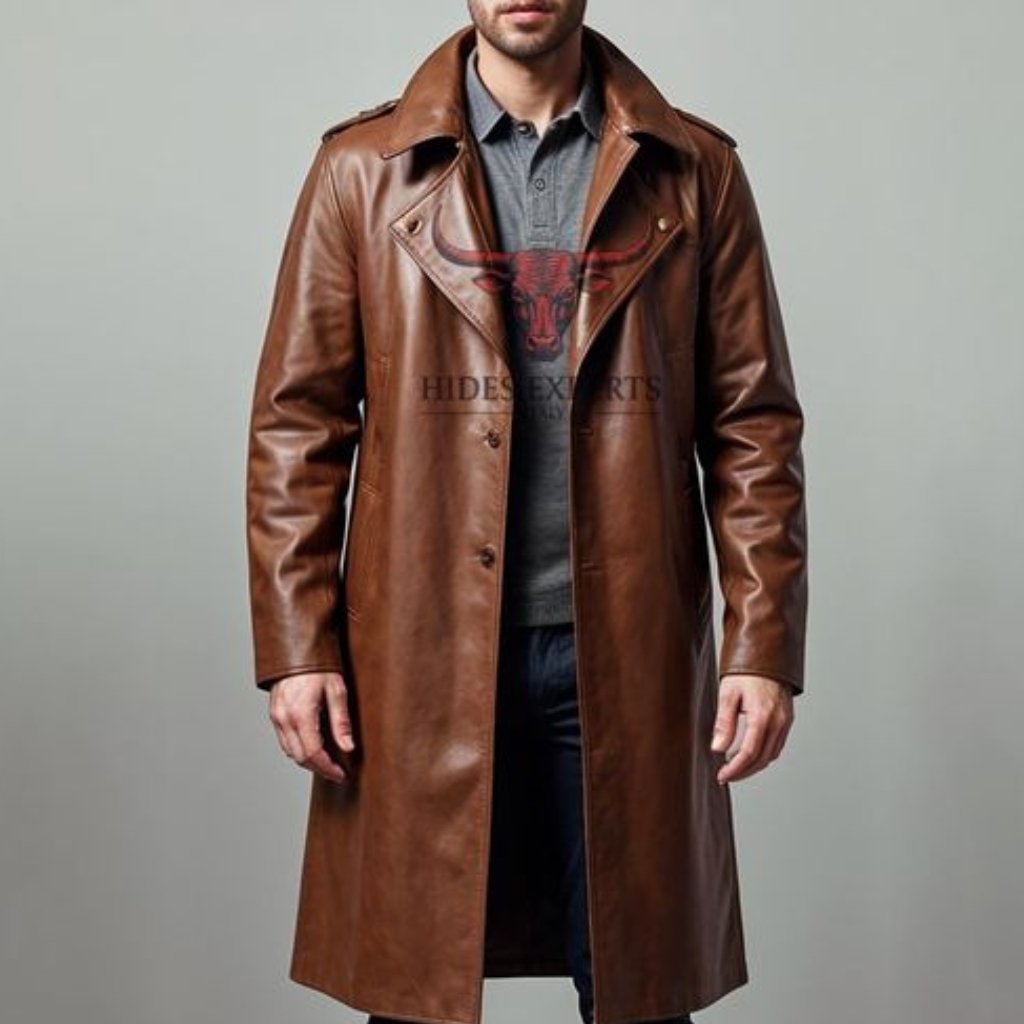  A man wearing a long brown leather trench coat over a gray polo shirt and dark pants, standing against a neutral backdrop.