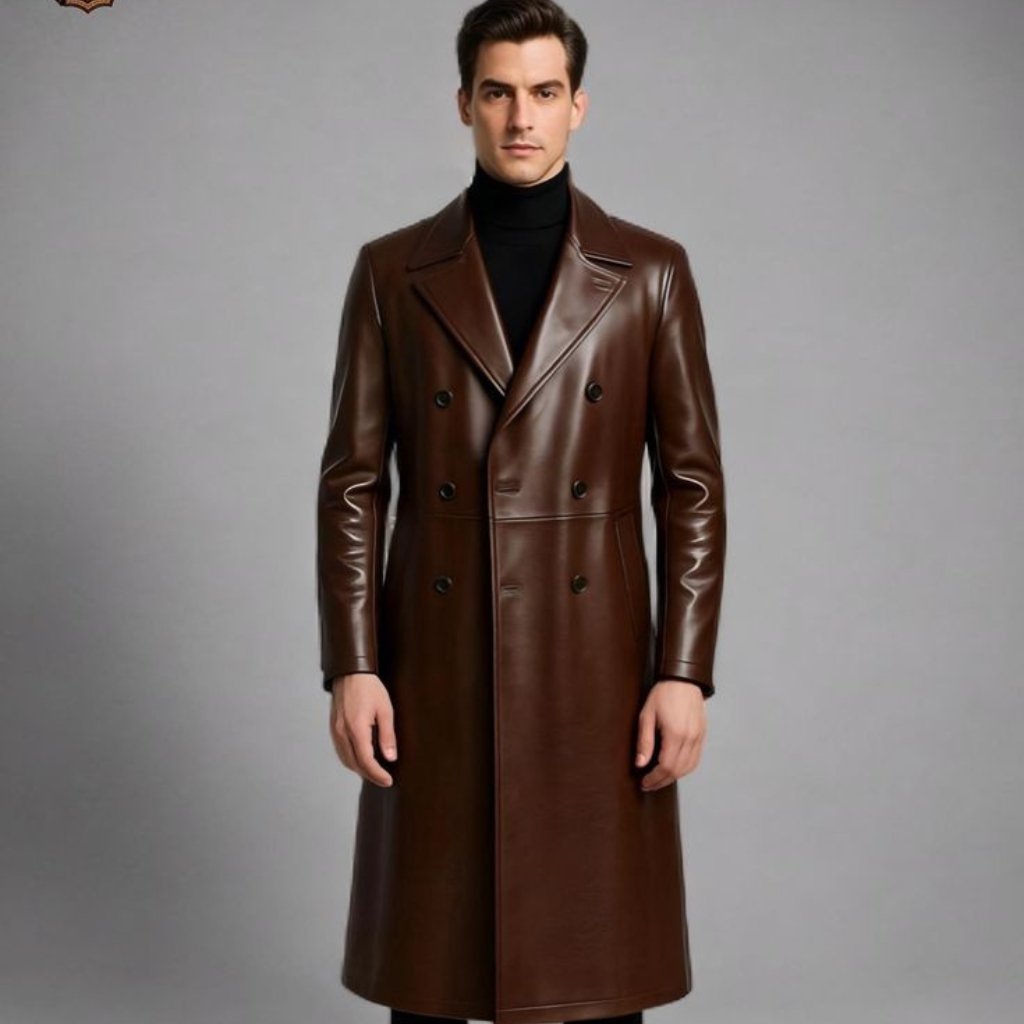 A man wearing a long brown leather trench coat over a black turtleneck, standing against a neutral gray backdrop.
