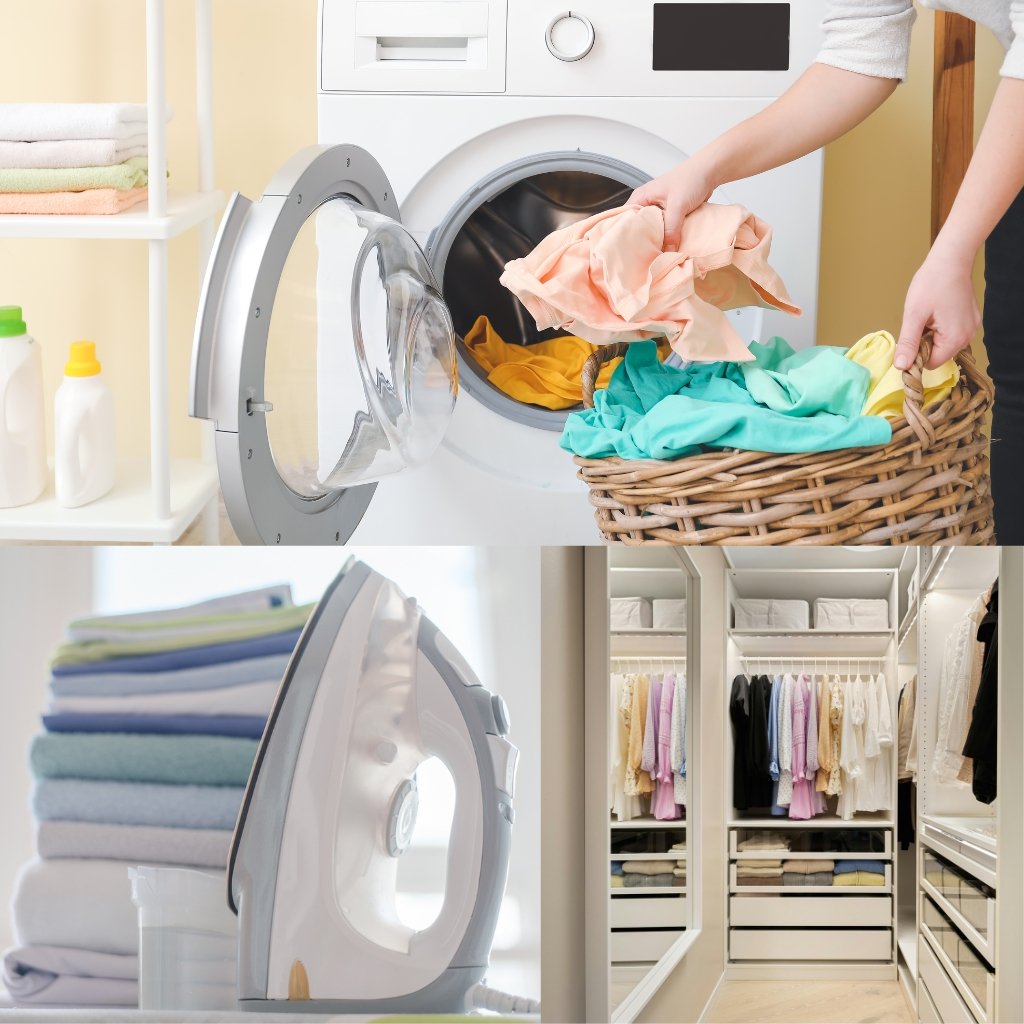 Dimity Cotton Fabric: Soft, Durable, and Timeless Choice 9 A front-loading washing machine with its door open; a person places a wicker basket of colorful laundry nearby in a bright laundry room with folded towels on a shelf.