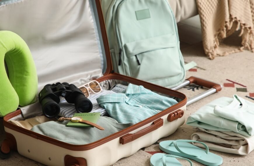 A vintage-style open suitcase on a carpet, with neatly packed clothes and accessories. Inside the case are a green neck pillow, a pair of binoculars, glasses, and small travel items. A mint-green backpack sits nearby and folded clothes and flip-flops are arranged on the floor. Merino Travel Clothes
