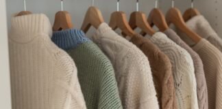 Merino Wool Clothing Soft Breathable, and Sustainable Style A row of knit sweaters hanging on wooden hangers in a closet, featuring cream, light green, blue, and beige tones. Merino Wool Clothing