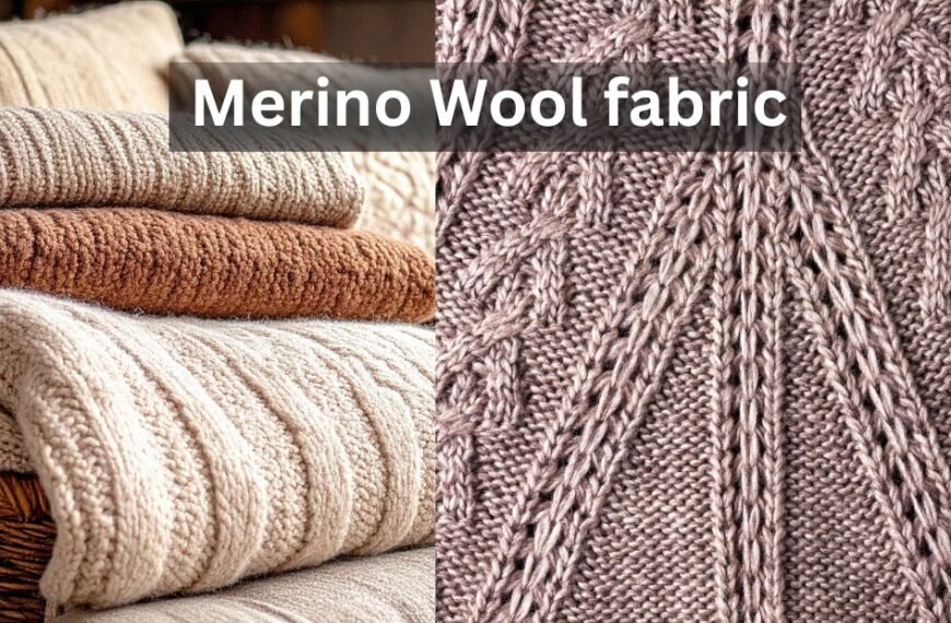 A split image showing folded, thick, cream-colored knitted blankets on the left and a close-up of intricate Merino wool knitting in light brown on the right, with the text 'Merino Wool fabric' overlayed across the middle.