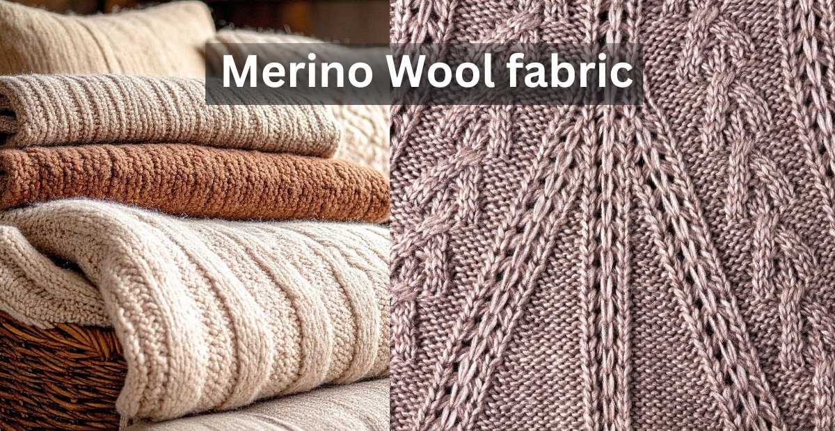 A split image showing folded, thick, cream-colored knitted blankets on the left and a close-up of intricate Merino wool knitting in light brown on the right, with the text 'Merino Wool fabric' overlayed across the middle.