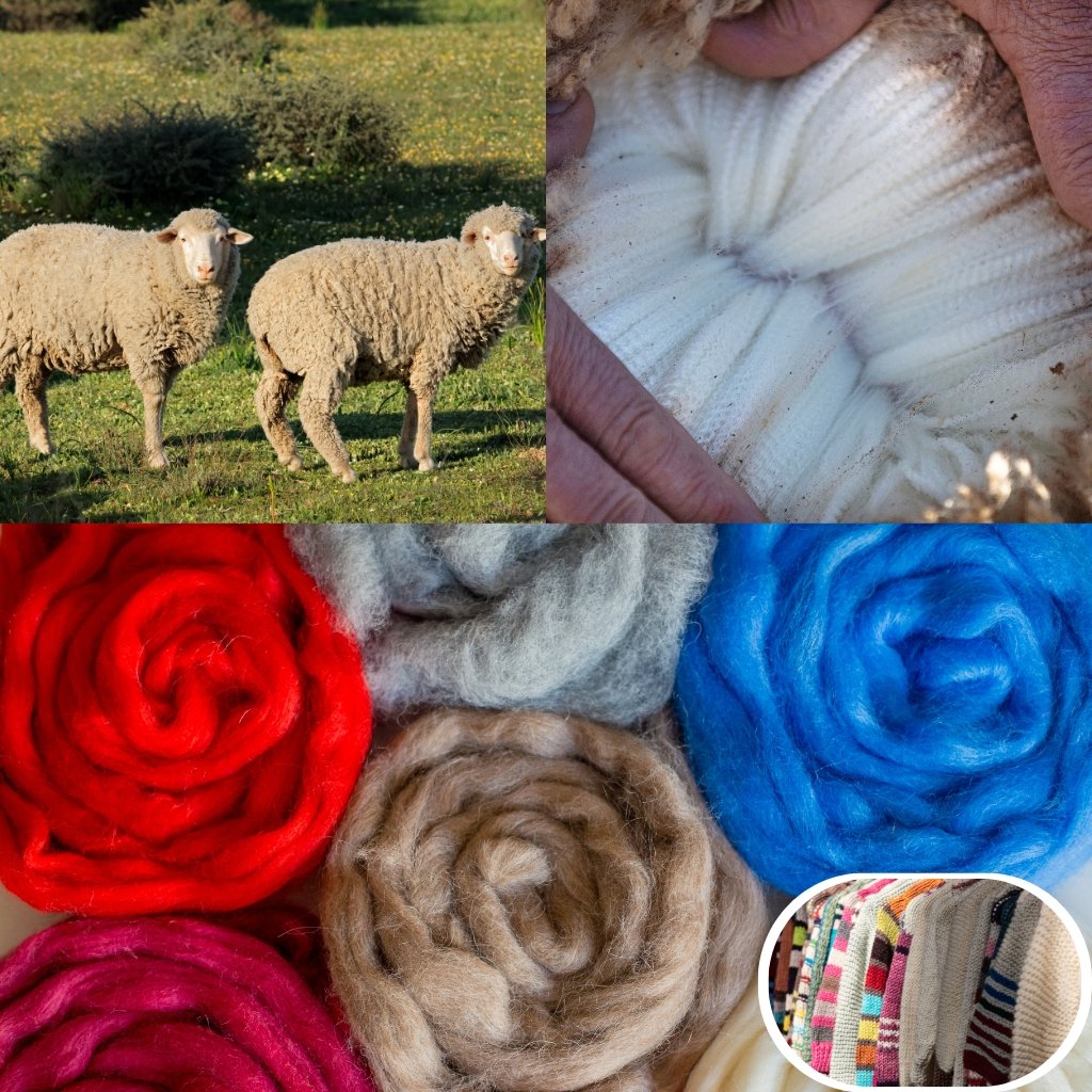 A collage featuring two sheep in a grassy field at the top left, a close-up of white wool being held in a hand at the top right, and a colorful assortment of skeins of yarn in red, pink, gray, beige, and blue in the bottom section, with a small inset image of woven textiles in a round-cornered frame at the bottom right.