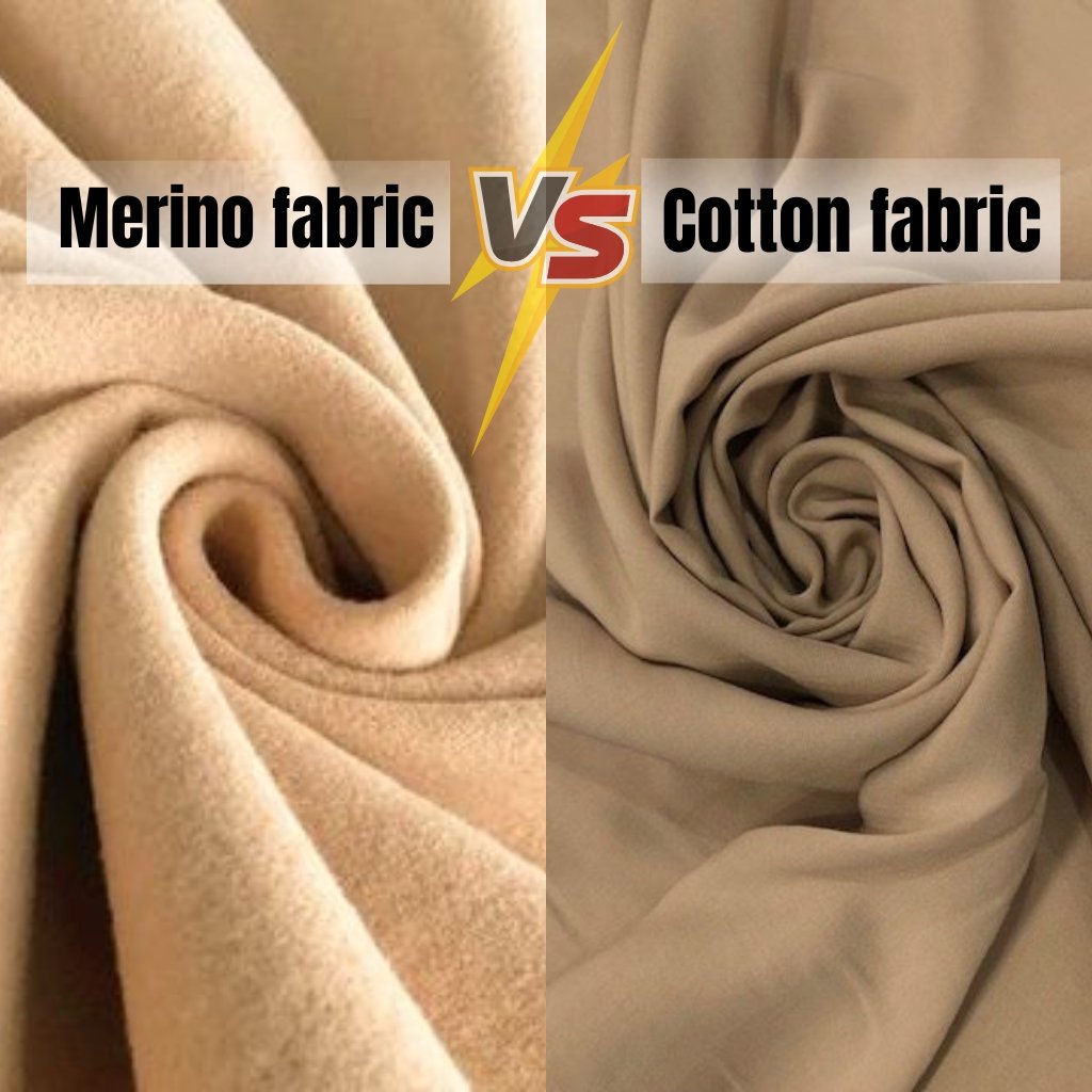 Split image showing beige fabrics: left side features soft suede-like material, right side shows smooth cotton fabric. A bold 'VS' graphic with a yellow lightning bolt sits across the center, separating the two fabrics.