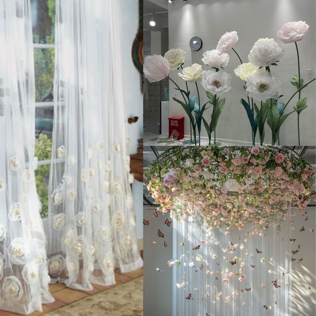 Collage of white sheer curtains with fabric roses, a wall with tall white and pale pink artificial flowers, and a floral ceiling installation with pink roses and greenery.
