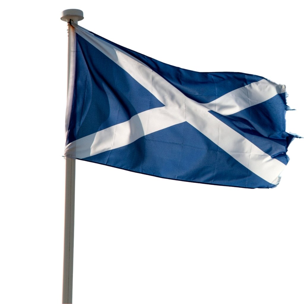 Scottish flag (St. Andrew's Cross) waving on a flagpole against a white background.