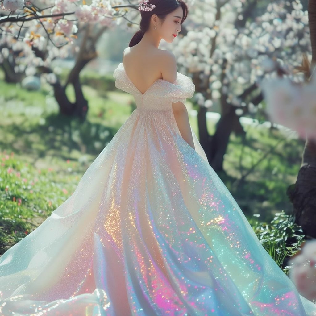 A woman in an iridescent off-shoulder ball gown walks through a garden with blooming trees, sunlight sparkling on the shimmering fabric.