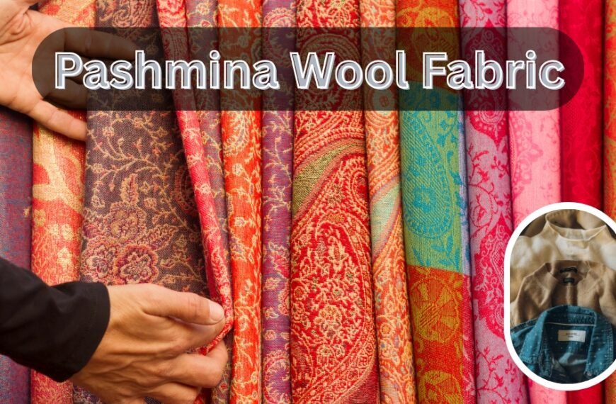 A row of colorful pashmina wool fabrics hanging in a shop, with a person pinching a red patterned textile. The image includes a small circular inset showing folded fabrics in beige and blue tones.