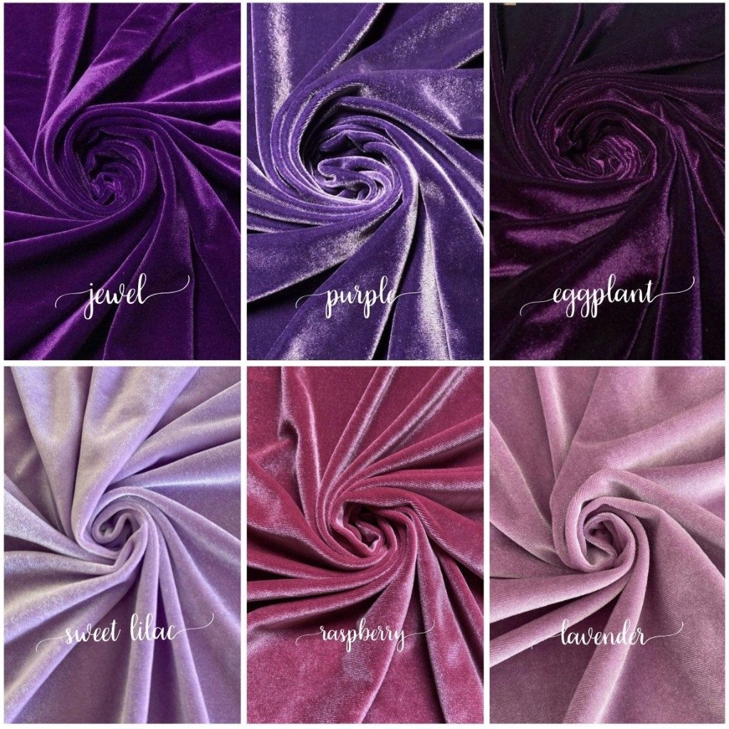 Green Organza Fabric: Elegant Choices for Fashion and Decor 19 Six-panel collage of luxurious velvet fabrics in purple, lavender, and pink tones. Panels show swirled folds; labels read 'jewel', 'purple', 'eggplant', 'sweet lilac', 'raspberry', and 'lavender'.