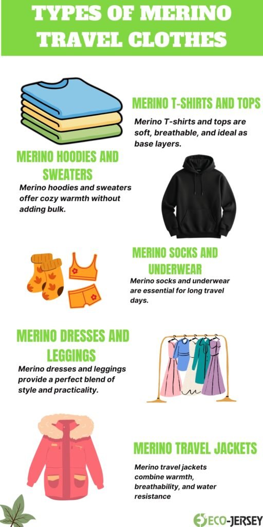 Infographic titled 'Types of Merino Travel Clothes' showing stacked T-shirts and tops, a black hoodie, orange socks and underwear, dresses on a rack, a pink travel jacket, and a green banner. Section captions include Merino T-shirts and Tops, Merino Hoodies and Sweaters, Merino Socks and Underwear, Merino Dresses and Leggings, and Merino Travel Jackets, with brief descriptions under each.