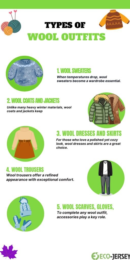 Infographic titled ‘Types of Wool Outfits’ with five sections showing wool sweaters, coats/jackets, dresses/skirts, trousers, and scarves/gloves. Each item has a green circular illustration and descriptive text.