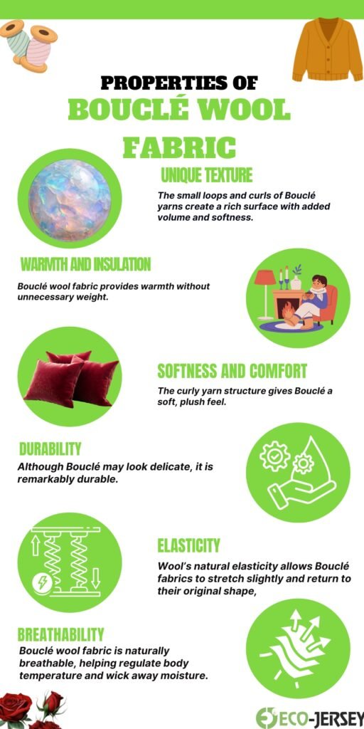 An infographic titled “Properties of Bouclé Wool Fabric” with a bright green and white theme. The header reads “PROPERTIES OF BOUCLÉ WOOL FABRIC” in bold black and green fonts. Six circular green icons accompany short captions:
A round image of iridescent boucle yarn with the caption “Unique Texture: The small loops and curls of Bouclé yarns create a rich surface with added volume and softness.”
A cozy living-room illustration showing warmth and comfort.
A pair of red cushions representing softness and comfort.
A graphic of a folded hand with gears illustrating durability.
A spring-like icon representing elasticity.
A breathable textile diagram with a small caption about breathability.
Each section is labeled: Warmth and Insulation, Softness and Comfort, Durability, Elasticity, Breathability.
Additional note: “WARMTH AND INSULATION: Bouclé wool fabric provides warmth without unnecessary weight.” and “ELASTICITY: Wool’s natural elasticity allows Bouclé fabrics to stretch slightly and return to their original shape.