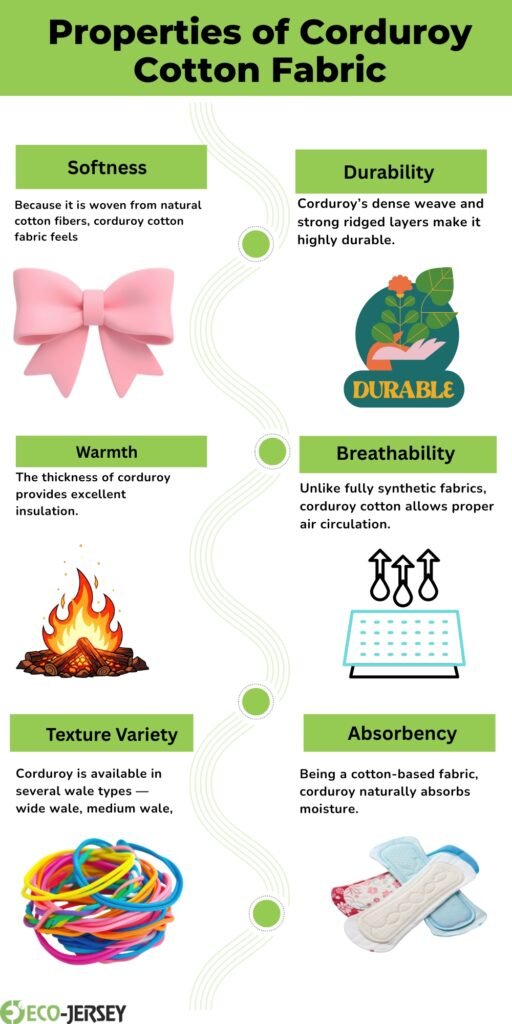 An infographic titled “Properties of Corduroy Cotton Fabric” with six sections: Softness (pink bow), Durability (green patch with “DURABLE” badge), Warmth (campfire), Breathability (airflow icons over fabric), Texture Variety (colorful rubber bands), and Absorbency (sanitary pads). Each section has a green header and an icon illustrating the property.