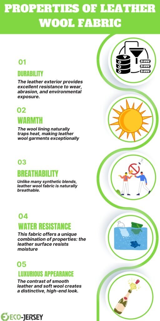 Infographic titled ‘Properties of Leather Wool Fabric’ listing five features: Durability, Warmth, Breathability, Water Resistance, Luxurious Appearance, with circular icons beside each item.